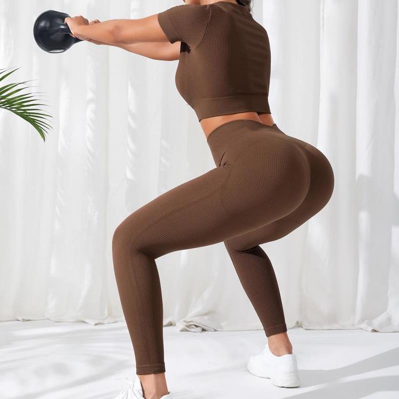 Brown Seamless Knitted Yoga Set
