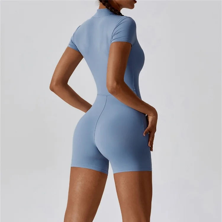 Nude one-piece yoga suit with stand-up collar