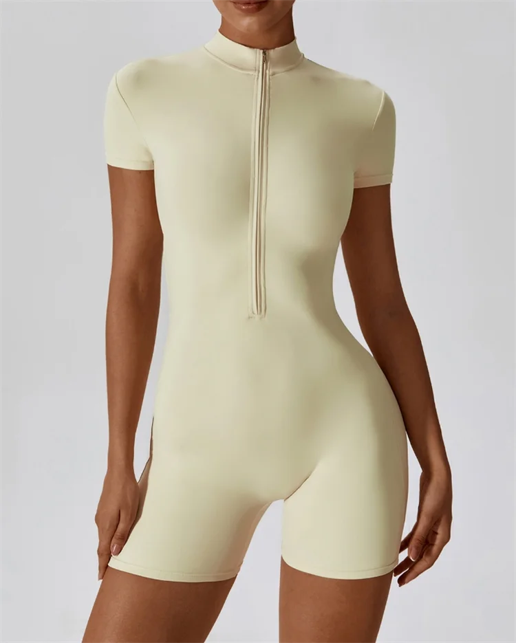 Nude one-piece yoga suit with stand-up collar