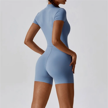 Nude one-piece yoga suit with stand-up collar