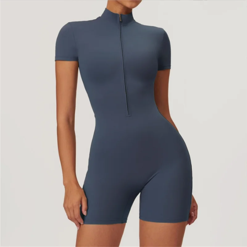 Nude one-piece yoga suit with stand-up collar